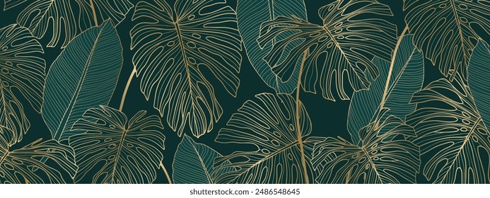 Luxury gold and green nature vector background. Floral pattern, tropical plant with golden split leaves with monstera plant line art, vector illustration.