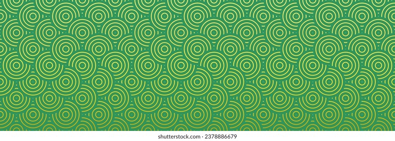 Luxury Gold and Green Seamless Background Pattern with Geometric Waves, Lines and Circles. Abstract design vector. with Dragon Scales Coins Silhouette. Chinese Lunar New Year Background.