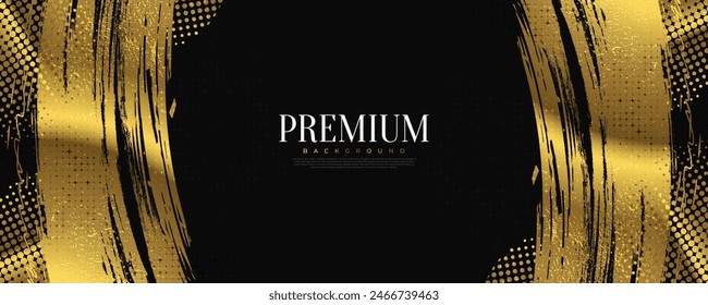 Luxury Gold Grunge Brush Strokes with Texture and Halftone Effect Isolated on Black Background. Brush Stroke Illustration for Banner, Poster, or Sports. Scratch and Texture Elements For Design
