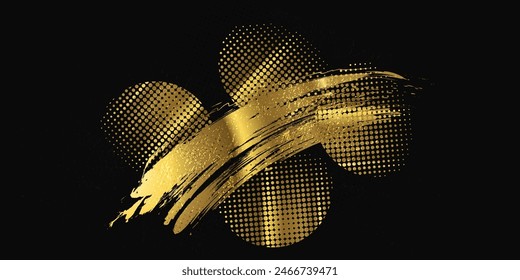 Luxury Gold Grunge Brush Strokes with Texture and Halftone Effect Isolated on Black Background. Brush Stroke Illustration for Banner, Poster, or Sports. Scratch and Texture Elements For Design