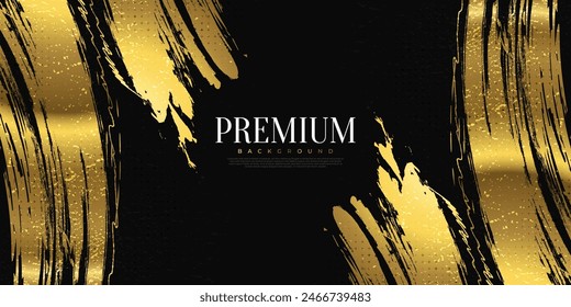 Luxury Gold Grunge Brush Strokes with Texture Effect Isolated on Black Background. Brush Stroke Illustration for Banner, Poster, or Sports. Scratch and Texture Elements For Design