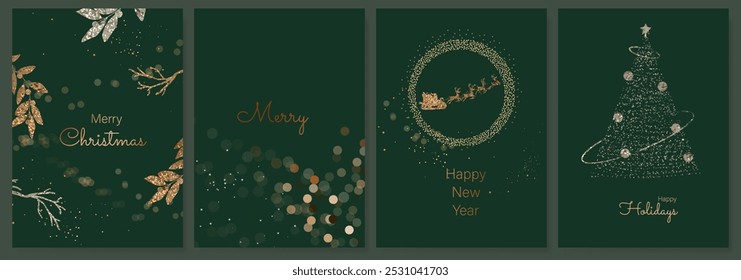 Luxury gold happy holiday invitation card design vector. Christmas tree, sleigh santa and reindeer with spot texture on green, red and blue background. Design illustration for cover,  poster, ads.