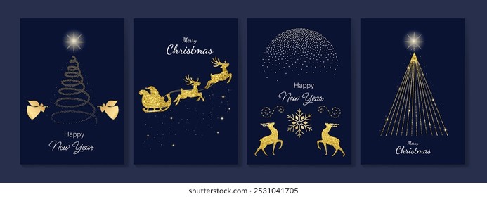 Luxury gold happy holiday invitation card design vector. Christmas tree, sleigh santa and reindeer with spot texture on navy blue background. Design illustration for cover, print, poster, ads.