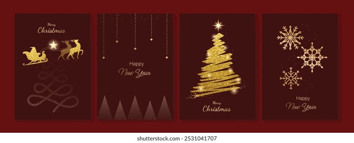 Vector de diseño de tarjeta de invitación de feliz fiesta de oro de lujo. Árbol de navidad, trineo santa y reno con textura de punto sobre fondo rojo. Ilustración de diseño para portada, impresión, póster, anuncios.