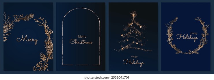 Luxury gold happy holiday invitation card design vector. Christmas tree, leaves, snowflake with spot texture on navy blue background. Design illustration for cover, print, poster, ads.