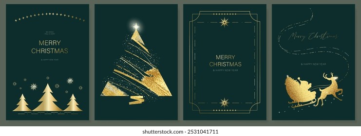 Vector de diseño de tarjeta de invitación de feliz fiesta de oro de lujo. Árbol de navidad, trineo santa y reno con textura de punto sobre fondo azul marino. Ilustración de diseño para portada, impresión, póster, anuncios.