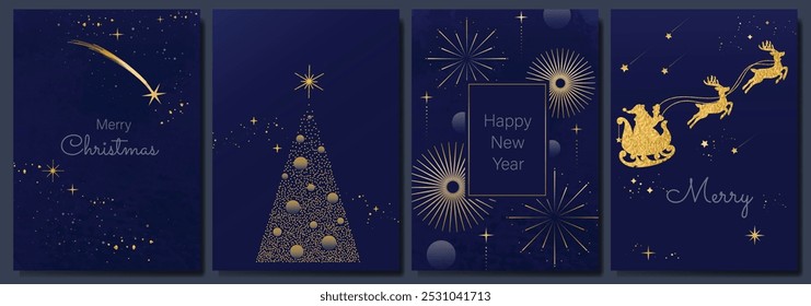 Luxury gold happy holiday invitation card design vector. Christmas tree, sleigh santa and reindeer with spot texture on navy blue background. Design illustration for cover, print, poster, ads.