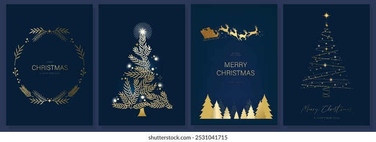 Luxury gold happy holiday invitation card design vector. Christmas tree, sleigh santa and reindeer with spot texture on navy blue background. Design illustration for cover, print, poster, ads.