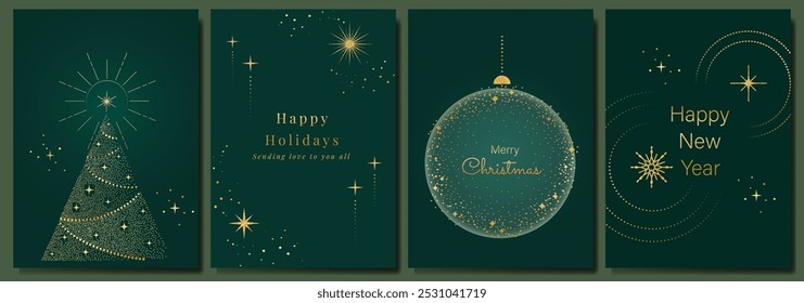 Luxury gold happy holiday invitation card design vector. Christmas tree, snowflake, bauble ball, firework with spot texture on green background. Design illustration for cover, print, poster, ads.