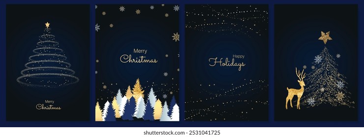 Luxury gold happy holiday invitation card design vector. Christmas tree, reindeer, snowflake with spot texture on navy blue background. Design illustration for cover, print, poster, ads.