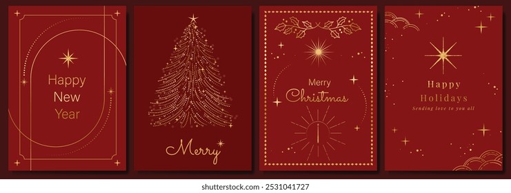 Luxury gold happy holiday invitation card design vector. Christmas tree, snowflake, holly, firework with spot texture on red background. Design illustration for cover, print, poster, ads.