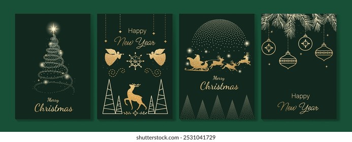 Luxury gold happy holiday invitation card design vector. Christmas tree, sleigh santa and reindeer with spot texture on dark green background. Design illustration for cover, print, poster, ads.