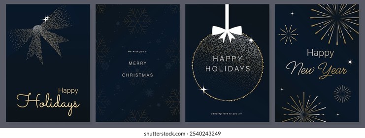 Luxury gold happy holiday invitation card design vector. Christmas bauble, snowflake, ribbon, firework with spot texture on navy blue background. Design illustration for cover, print, poster, ads.