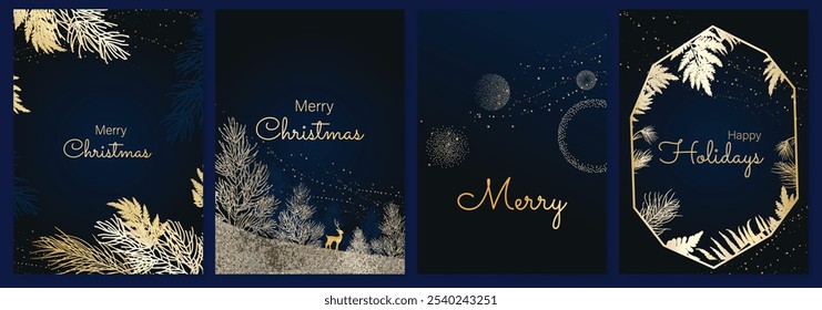 Luxury gold happy holiday invitation card design vector. Christmas tree, leaves, reindeer with spot texture on navy blue background. Design illustration for cover, print, poster, ads.