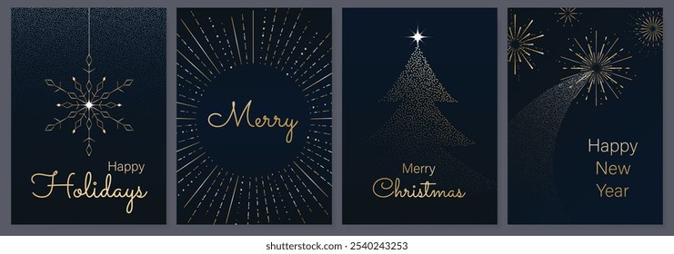 Luxury gold happy holiday invitation card design vector. Christmas tree, snowflake, firework with spot texture on navy blue background. Design illustration for cover, print, poster, ads.