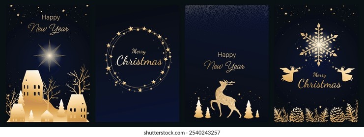 Vetor de design de cartão de convite feliz de Natal de ouro de luxo. Árvore de Natal, renas, folhas, casa com textura spot no fundo azul marinho. Ilustração de design para capa, impressão, cartaz, anúncios.