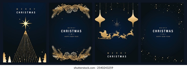 Vetor de design de cartão de convite feliz de Natal de ouro de luxo. Árvore de Natal, trenó santa e rena com textura de folha de ouro no fundo azul-marinho. Ilustração de design para capa, impressão, cartaz, anúncios.