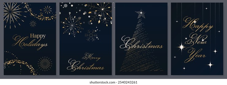 Vector de diseño de tarjeta de invitación de feliz fiesta de oro de lujo. Árbol de Navidad, copo de nieve, fuegos artificiales con textura de punto sobre fondo azul marino. Ilustración de diseño para portada, impresión, póster, anuncios.