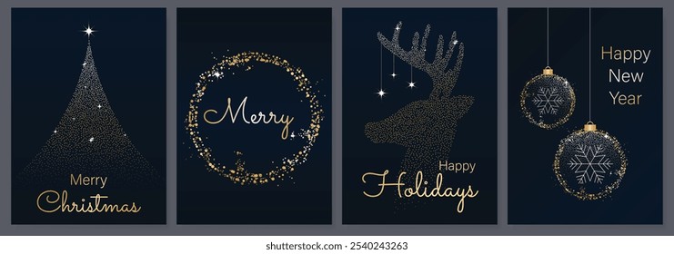 Luxury gold happy holiday invitation card design vector. Christmas tree, snowflake, reindeer, bauble with spot texture on navy blue background. Design illustration for cover, print, poster, ads.