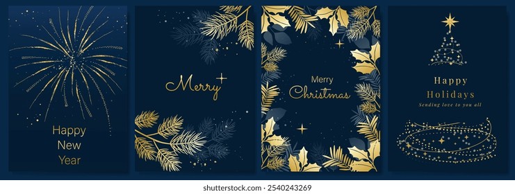 Luxury gold happy holiday invitation card design vector. Christmas tree, leaves, holly, firework with spot texture on navy blue background. Design illustration for cover, print, poster, ads.