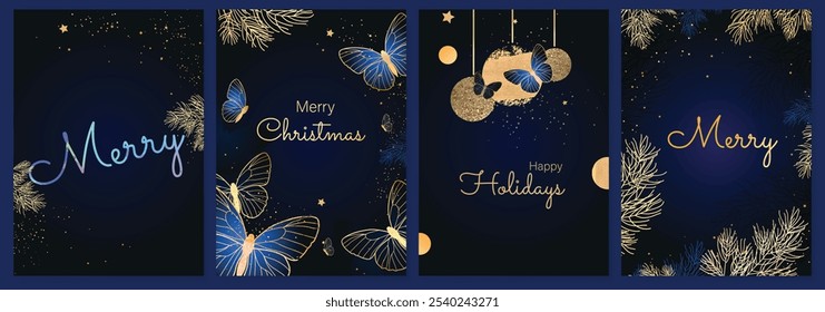 Luxury gold happy holiday invitation card design vector. Christmas leaves, butterflies, star with gold foil texture on navy blue background. Design illustration for cover, print, poster, ads.