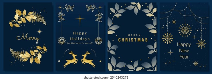 Luxury gold happy holiday invitation card design vector. Christmas bauble, leaves, reindeer with gold foil texture on navy blue background. Design illustration for cover, print, poster, ads.