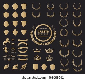 Luxury Gold Heraldic Crests Logo Element Set. Vintage laurel wreaths, Crown, Ribbon and Wing icons