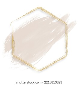 Marco hexágono de oro de lujo con pincel de color agua beige aislado sobre fondo blanco. Plantilla de composición cuadrada en estilo boho chic. Límite dorado de línea de lujo para invitación, tarjeta, venta, moda
