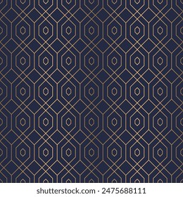 Luxury gold hexagon tessellation seamless pattern with line on blue background, vector illustration.