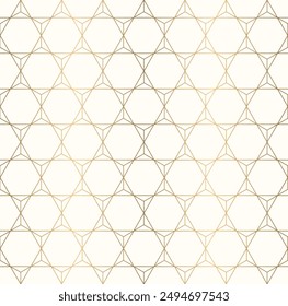 Luxury gold hexagon tessellation seamless pattern with interconnected line, contemporary mosaic background vector illustration.
