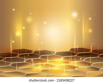 Luxury gold of honeycomb geometric with elegant light and shadow golden on abstract background. pedestal for fashion cosmetic product or beauty. 3D Illustration.