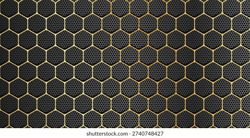 Luxury gold honeycomb hexagonal metallic grid pattern over dark perforated steel background for premium technology design
