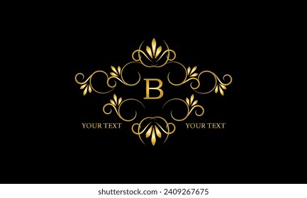 Monograma B de lujosa letra dorada con adorno de marco para boutique, spa de belleza, hotel, resort, restaurante, joyería, diseño de logotipo cosmético, boda.