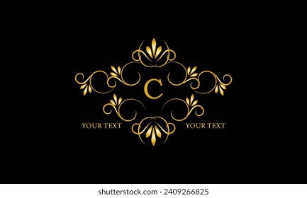 Luxury gold initial letter C monogram with frame ornament for boutique, beauty spa, hotel, resort, restaurant, jewelry, cosmetic logo design, wedding.