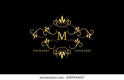 Luxury gold initial letter M monogram with frame ornament for boutique, beauty spa, hotel, resort, restaurant, jewelry, cosmetic logo design, wedding.