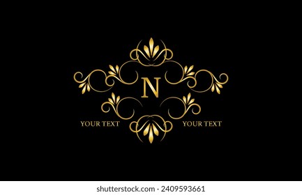 Luxury gold initial letter N monogram with frame ornament for boutique, beauty spa, hotel, resort, restaurant, jewelry, cosmetic logo design, wedding.