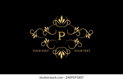 Luxury gold initial letter P monogram with frame ornament for boutique, beauty spa, hotel, resort, restaurant, jewelry, cosmetic logo design, wedding.