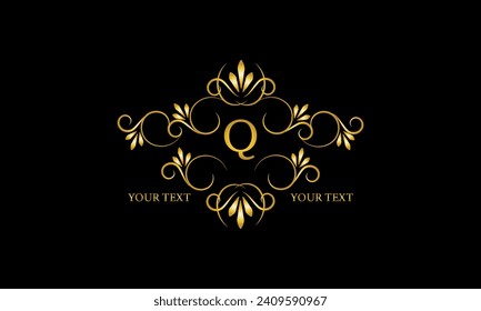 Letra de oro de lujo original Q monograma con adorno de marco para boutique, spa de belleza, hotel, resort, restaurante, joyería, diseño de logotipo cosmético, boda.