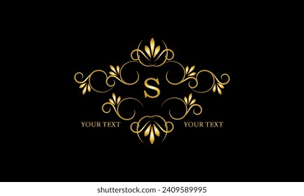 Letra de oro de lujo inicial S monograma con adorno de marco para boutique, spa de belleza, hotel, resort, restaurante, joyería, diseño de logotipo cosmético, boda.