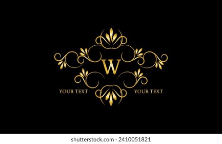 Luxury gold initial letter W monogram with frame ornament for boutique, beauty spa, hotel, resort, restaurant, jewelry, cosmetic logo design, wedding.