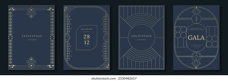 Luxury gold invitation card design vector. Abstract geometry frame and Art deco pattern background. Use for wedding invitation, cover, VIP card, gala, print, poster and wallpaper. Vector illustration.