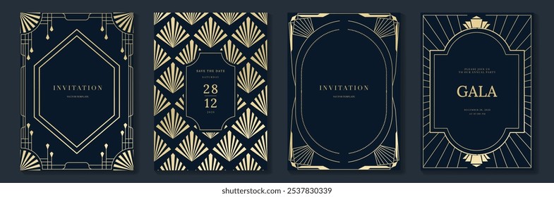 Luxury gold invitation card design vector. Abstract geometry frame and Art deco pattern background. Use for wedding invitation, cover, VIP card, gala, print, poster and wallpaper. Vector illustration.