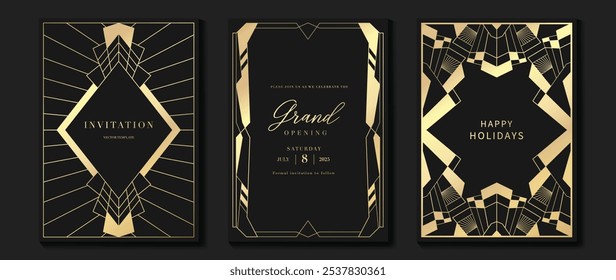 Luxury gold invitation card design vector. Abstract geometry frame and Art deco pattern background. Use for wedding invitation, cover, VIP card, gala, print, poster and wallpaper. Vector illustration.