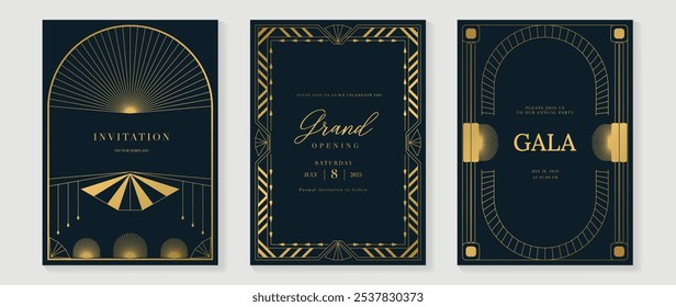 Luxury gold invitation card design vector. Abstract geometry frame and Art deco pattern background. Use for wedding invitation, cover, VIP card, gala, print, poster and wallpaper. Vector illustration.