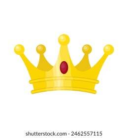 Luxury gold king's crown with oval ruby decoration, cartoon vector isolated illustration