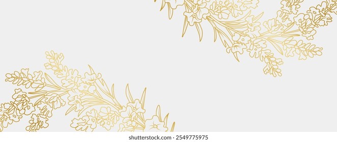 Fundo de flores de lavanda de ouro de luxo. Padrão floral tropical em estilo de arte de linha para saudação, convite, cartão de casamento, arte de parede, papel de parede e impressão. Ilustração vetorial