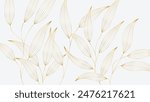 Luxury Gold Leaf Pattern on White Background. Hand-drawn wavy plants for packaging, social media, covers, banners, creative posts, and wall art in Japanese style.