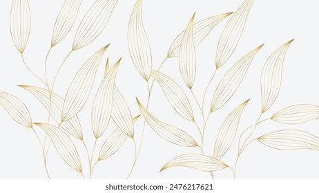 Luxury Gold Leaf Pattern on White Background. Hand-drawn wavy plants for packaging, social media, covers, banners, creative posts, and wall art in Japanese style.