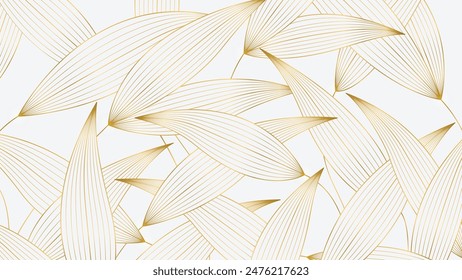 Luxury Gold Leaf Pattern on White Background. Hand-drawn wavy plants for packaging, social media, covers, banners, creative posts, and wall art in Japanese style.