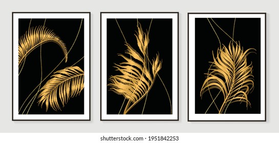 Luxury gold leaves wallpaper. Black and golden background. Wall art design with shiny golden palm leaves. Modern art mural wallpaper. Vector illustration.